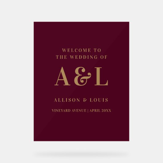 Huwelijksmonogram minimalistisch Bourgondisch goud Acryl Bord (Voorkant)