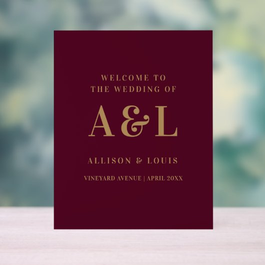 Huwelijksmonogram minimalistisch Bourgondisch goud Acryl Bord (Neutraal)