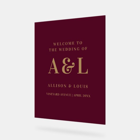 Huwelijksmonogram minimalistisch Bourgondisch goud Acryl Bord (Hoek)