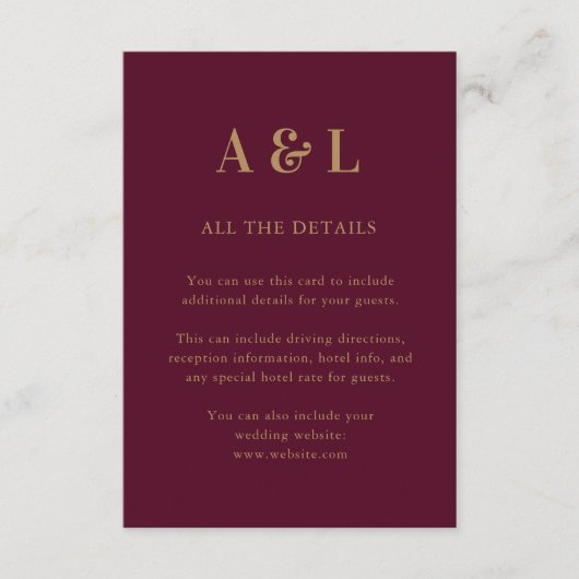Huwelijksmonogram minimalistisch Bourgondisch goud Informatiekaartje (Voorkant)
