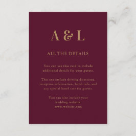 Huwelijksmonogram minimalistisch Bourgondisch goud Informatiekaartje