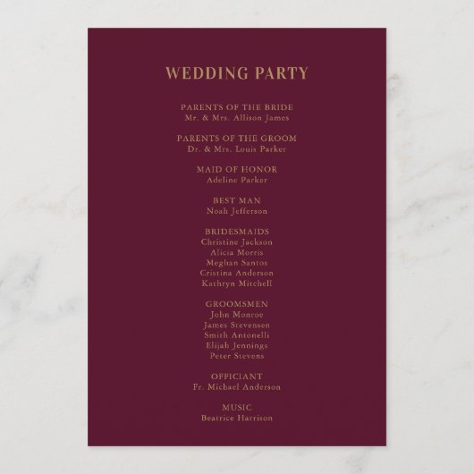 Huwelijksmonogram minimalistisch Bourgondisch goud Programmakaart (Achterkant)