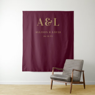 Huwelijksmonogram minimalistisch Bourgondisch goud Wandkleed