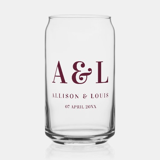 Huwelijksmonogram minimalistische Bourgogne Blikvorm Glas (Voorkant)