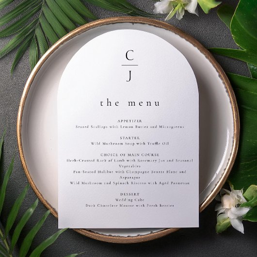 Huwelijksmonogram Modern Zwart Wit Boog Menu Kaart