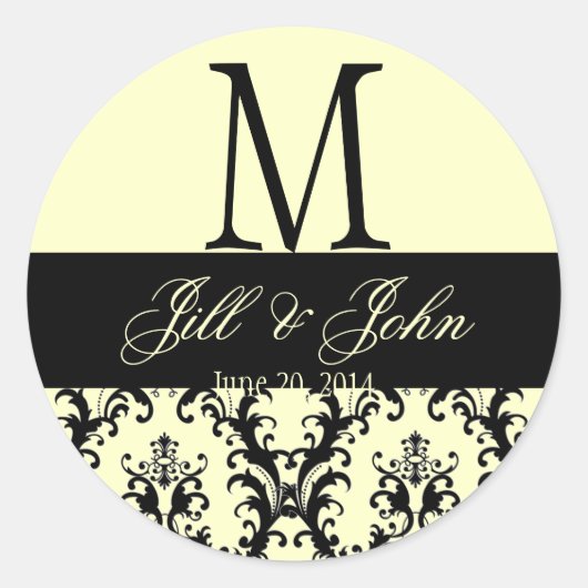 Huwelijksmonogram Namen Datum Damask Ivory Seal Ronde Sticker (Voorkant)