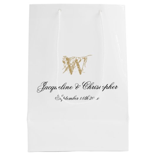 Huwelijksmonogram Namen Script Elegant Wit Goud Medium Cadeauzakje (Achterkant)