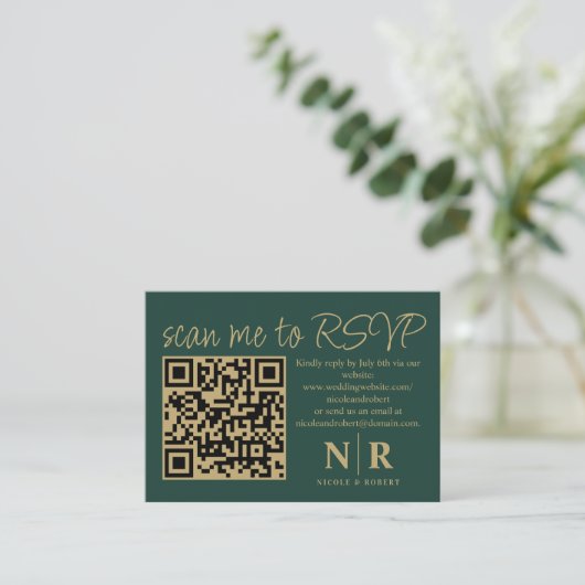 Huwelijksmonogram QR Code RSVP met Elegante Foto Informatiekaartje (Staand voorkant)