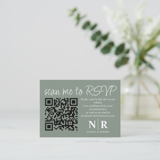 Huwelijksmonogram QR Code RSVP met Elegante Foto Informatiekaartje (Staand voorkant)