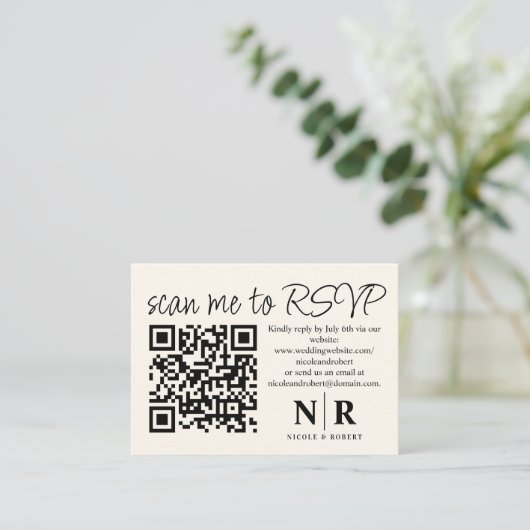 Huwelijksmonogram QR Code RSVP met Elegante Foto Informatiekaartje (Staand voorkant)
