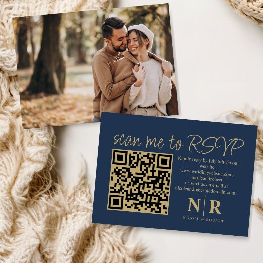 Huwelijksmonogram QR Code RSVP met Elegante Foto Informatiekaartje