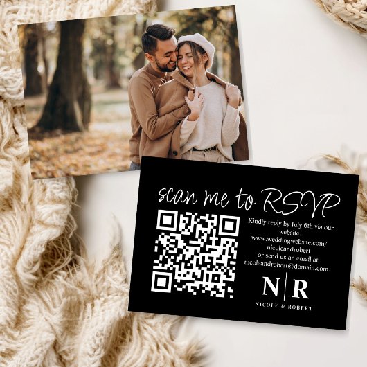 Huwelijksmonogram QR Code RSVP met Elegante Foto Informatiekaartje