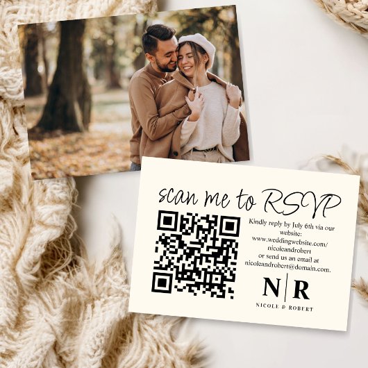 Huwelijksmonogram QR Code RSVP met Elegante Foto Informatiekaartje