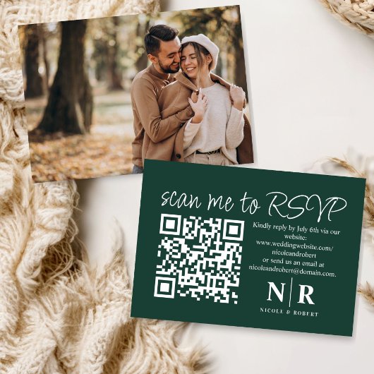 Huwelijksmonogram QR Code RSVP met Elegante Foto Informatiekaartje