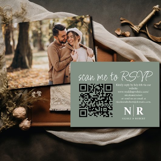 Huwelijksmonogram QR Code RSVP met Elegante Foto Informatiekaartje