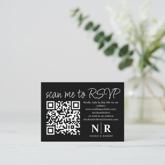 Huwelijksmonogram QR Code RSVP met Elegante Foto Informatiekaartje (Staand voorkant)
