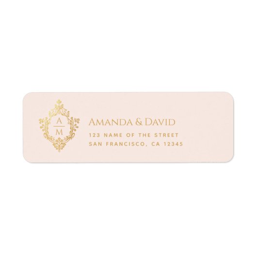 Huwelijksmonogram Roze Faux Gold Crest Etiket (Voorkant)