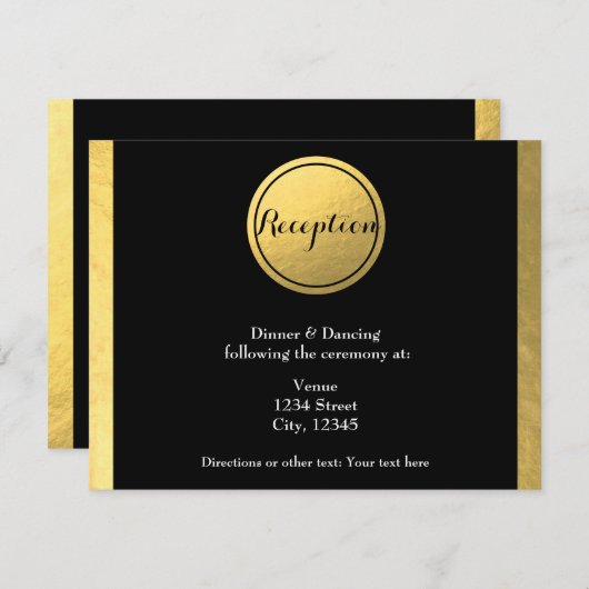 Huwelijksontvangstkaart met gouden folie en zwarte informatiekaartje (Voorkant / Achterkant)