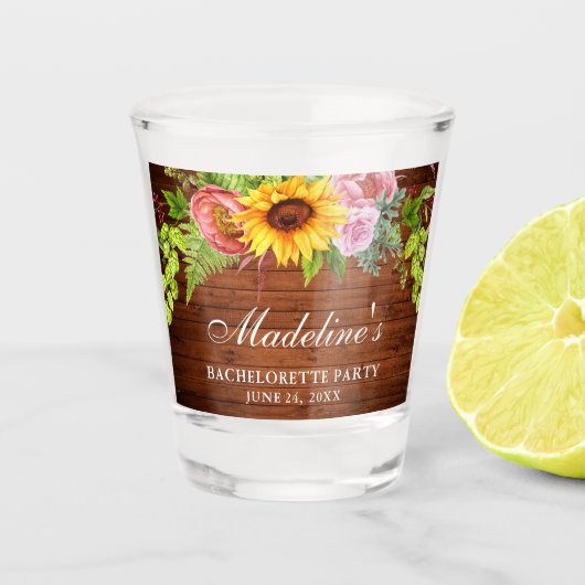Huwelijkspartij Zonnebloem Bloemstuk Hout Shot Glas (Voorkant)