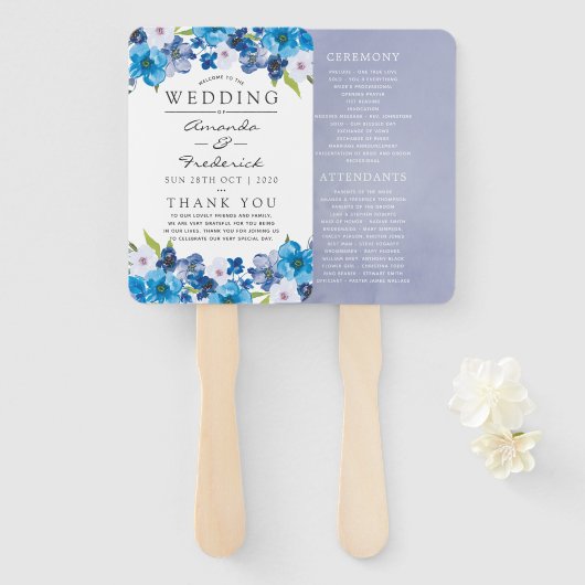 Huwelijkspatronen van Blue Floral Wedding Program Handwaaier (Voorkant en achterkant)