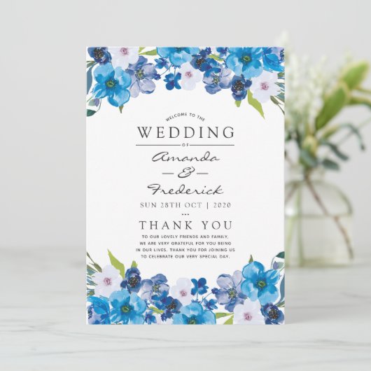 Huwelijkspatronen van Blue Floral Wedding Program Programmakaart (Staand voorkant)