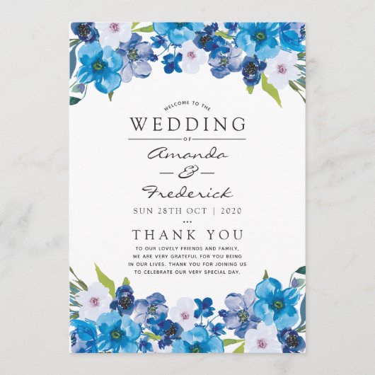 Huwelijkspatronen van Blue Floral Wedding Program Programmakaart (Voorkant)