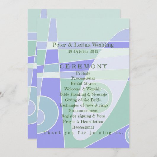 Huwelijksprogramma Abstracte pastel Paarse groen Programmakaart (Voorkant / Achterkant)