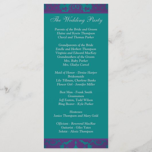 Huwelijksprogramma | BEDRUKT LINT Paarse, Blauwgro Programmakaart (Achterkant)