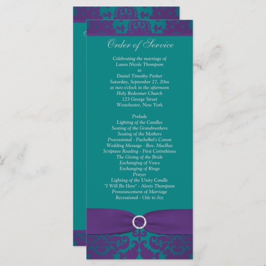 Huwelijksprogramma | BEDRUKT LINT Paarse, Blauwgro Programmakaart (Voorkant / Achterkant)