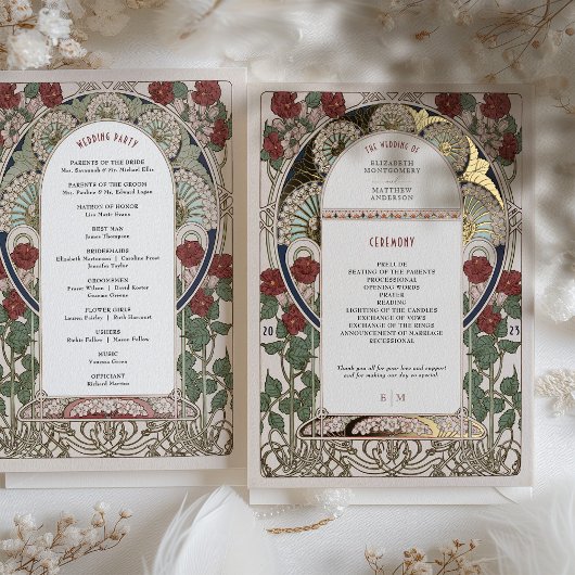 Huwelijksprogramma Bougainvillea Bourgondië Goud Folie Uitnodiging