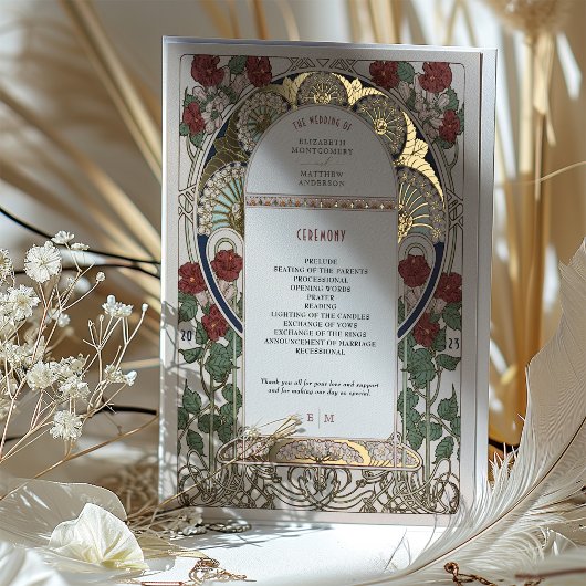 Huwelijksprogramma Bougainvillea Bourgondië Goud Folie Uitnodiging