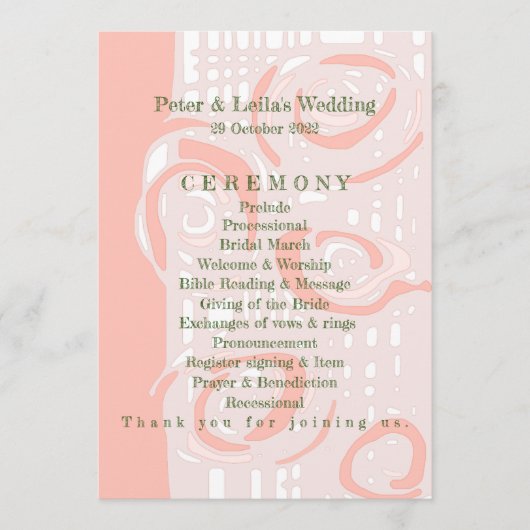 Huwelijksprogramma Cultuur Mozaïek Bloemen Koraal Programmakaart (Voorkant)