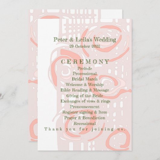 Huwelijksprogramma Cultuur Mozaïek Bloemen Koraal  Programmakaart (Voorkant / Achterkant)