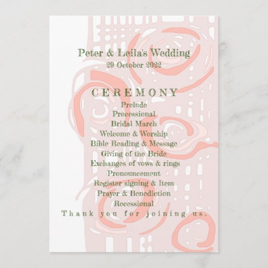 Huwelijksprogramma Cultuur Mozaïek Bloemen Koraal  Programmakaart (Voorkant)