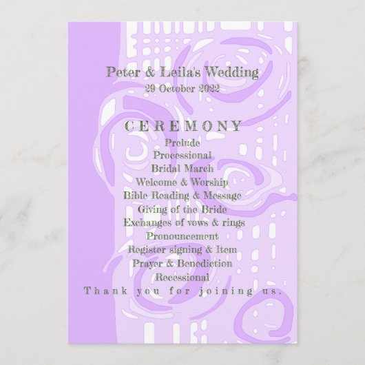Huwelijksprogramma Cultuur Mozaïek Bloemen Lila 3 Programmakaart (Voorkant)