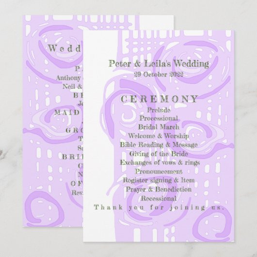 Huwelijksprogramma Cultuur Mozaïek Bloemen Lila 4 Programmakaart (Voorkant / Achterkant)