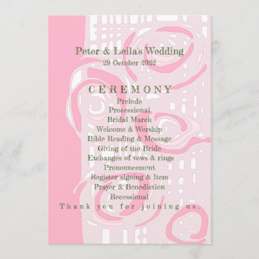 Huwelijksprogramma Cultuur Mozaïek Bloemen Roze 1 Programmakaart (Voorkant)