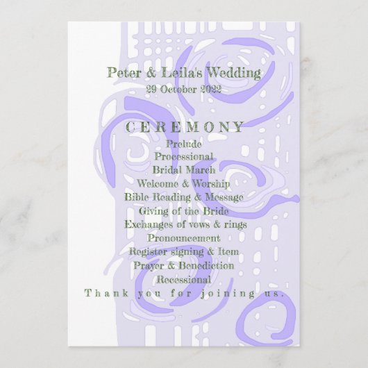 Huwelijksprogramma Cultuur Mozaïek Bloemenlavendel Programmakaart (Voorkant)