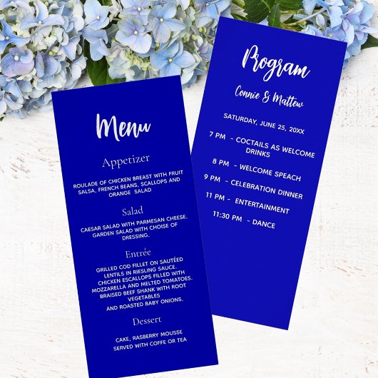 Huwelijksprogramma diner menu koninklijk blauw wit