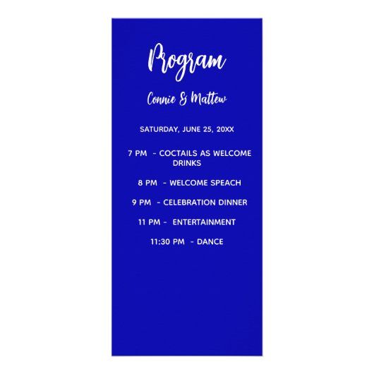 Huwelijksprogramma diner menu koninklijk blauw wit (Voorkant)