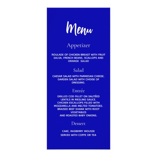 Huwelijksprogramma diner menu koninklijk blauw wit (Achterkant)