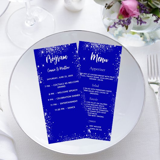 Huwelijksprogramma diner menu koninklijk blauw zil