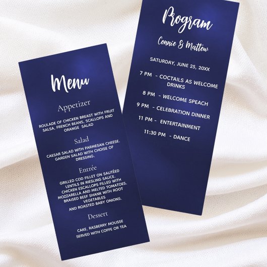 Huwelijksprogramma diner menu marine blauw wit