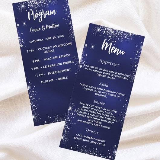 Huwelijksprogramma diner menu marine blauw zilver