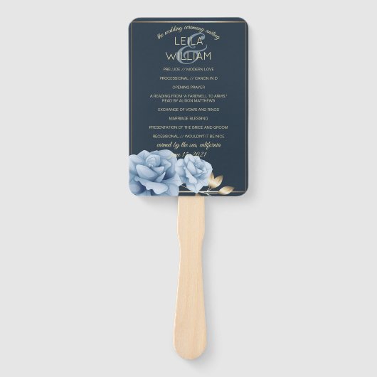 Huwelijksprogramma Elegant Midnight blauw bloemetj Handwaaier (Voorkant)