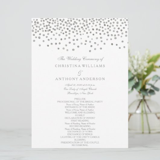 Huwelijksprogramma Elegant Silver Confetti Programmakaart (Staand voorkant)