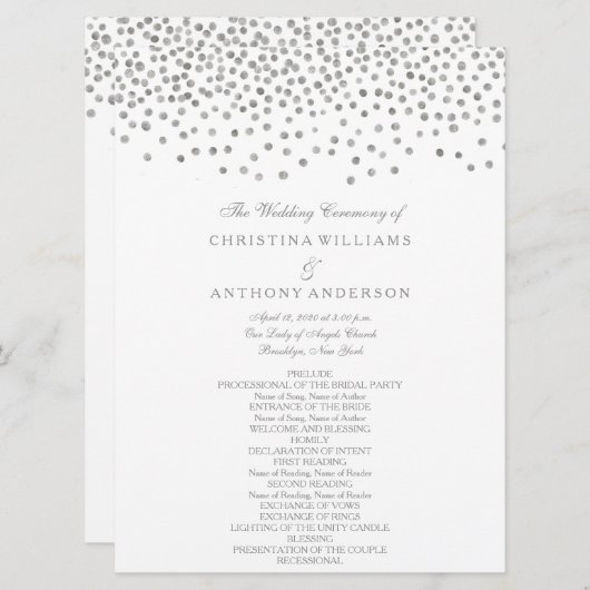 Huwelijksprogramma Elegant Silver Confetti Programmakaart (Voorkant / Achterkant)