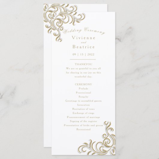 Huwelijksprogramma elegante gouden rol programmakaart (Voorkant / Achterkant)