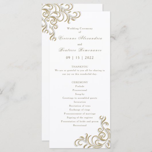 Huwelijksprogramma elegante gouden scroll rand programmakaart (Voorkant / Achterkant)