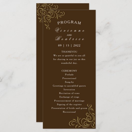 Huwelijksprogramma elegante rustieke gouden rol programmakaart (Voorkant / Achterkant)